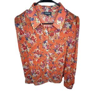 Modcloth Sheer Orange Floral Button Up Loose Fit Long Sleeve Blouse